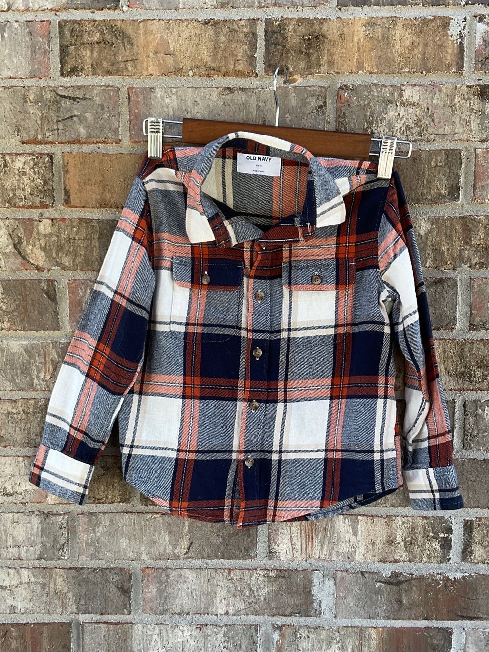 Take 50% OFF- Old Navy Boys Navy, Rust & Cream Plaid Button-Down Shirt,Size-6
